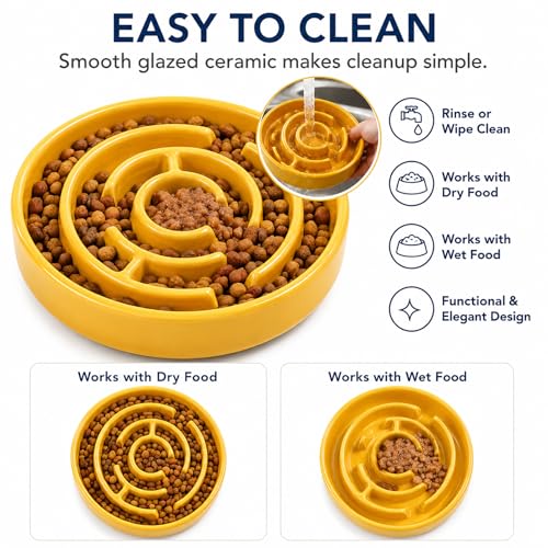 Ceramic Slow Feeder Dog Bowl,1.5 Cups Pet Slow Feeder for Small and Medium Breed,Puzzle Dog Food Dish,Anti-Gulping,Stop Bloat,Preventing Choking(Yellow) - color: Yellow