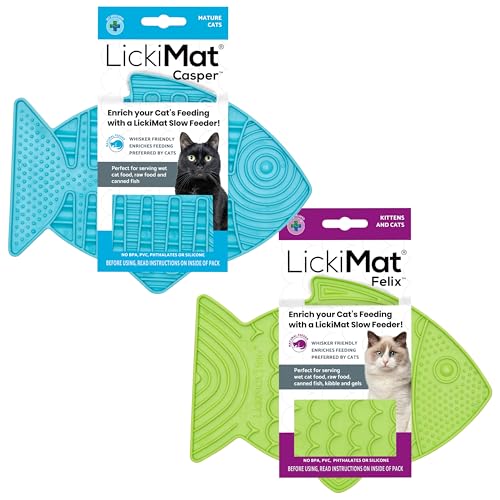 Lickimat Casper & Felix, Fish-Shaped Cat Slow Feeders Lick Mat, Boredom Anxiety Reducer; Perfect for Food, Treats and Anxiety Reduction. (Turquoise & Green) - color: Turquoise & Green