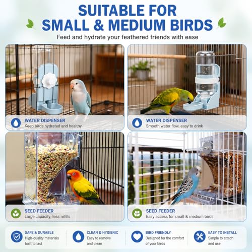 Rypet No-Mess Bird Feeder and Water Dispenser Set for Small Birds - color: White Feeder + Blue Drinking Bottle