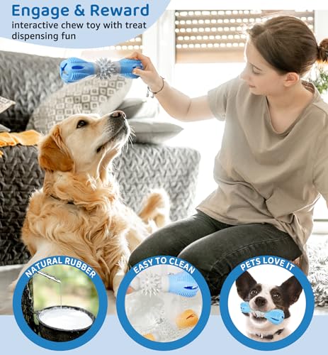 Durable Dog Chew Toy, Natural Rubber Treat Dispensing Puzzle Toy for Small & Medium Breeds – Interactive Teething, Training, and Dental Care Toy to Keep Dogs Engaged & Relieve Boredom (Blue) - color: Blue