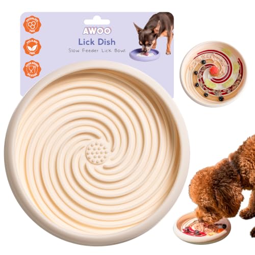 Large Lick Dish - Silicone Lick Mat + Slow Feeder for Cats & Dogs (Almond) - color: Almond, size: Large