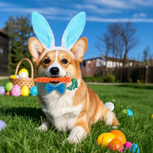 4Pc Dog Easter Costume Set Bunny Ears Headband Bowtie Tail Chew Toy - color: Blue