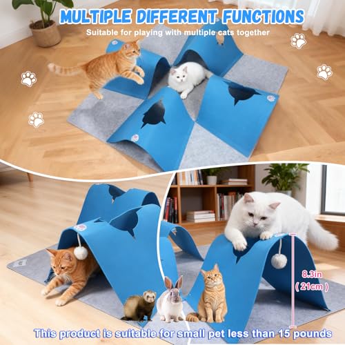 4-Way Cat Tunnels for Indoor Cats, Interactive Toys with Plush Ball - color: Grey-Blue