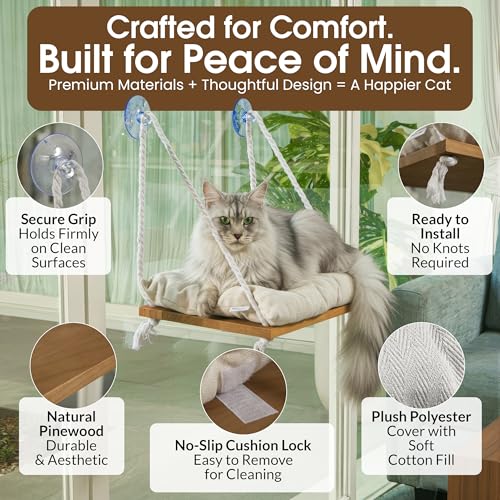 Cat Window Perch, Indoor Hammock Bed with Solid Pine Wood, 4 Industrial-Grade Suction Cups, Window Hammock with Soft Cushion for Cats, Space Saving Design - color: Beige