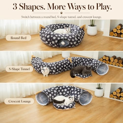 Large Cat Tunnel Bed Under Christmas Tree with Fluffy Toy Balls, Small Cushion and Flexible Design- 10 inch Diameter, 3 ft Length- Great for Cats, and Small Dogs, Gray Star Pattern - color: Gray Star, size: Tunnel Bed