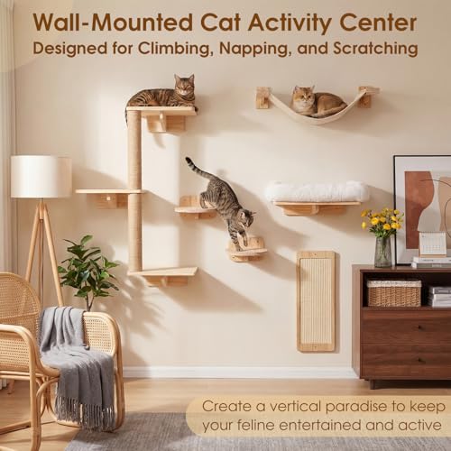 6-in-1 Cat Wall Shelves for Large Cats, Wall Mounted Climber with Hammock - color: White