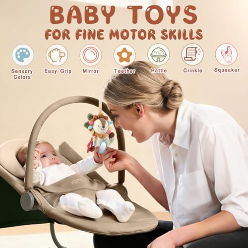 TYRY.HU Car Seat & Stroller Activity Toy,Soft Plush Cot Hanging Toy, Baby Rattle Toy with Strap,Developmental Sensory Toy-Textured Ribbons&Teether&Mirror&Crinkle Sounds for Infants 0 3 6 12 Months - color: B: Lion Stroller Toy