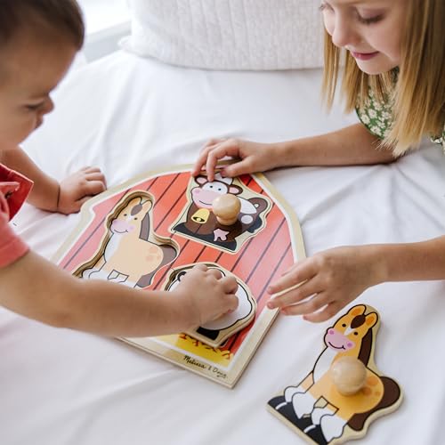 Melissa & Doug Barnyard Animals Jumbo Knob Puzzle, Wooden Peg Puzzle for Toddlers, Educational Toy for Shape Recognition and Fine Motor Skills, Ages 1+ - size: Small (1 Puzzle), style: Barnyard Animals
