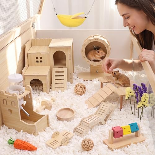 Leinuosen 19 Pcs Hamster Cage Accessories Exercise Wheel Platform Hideout