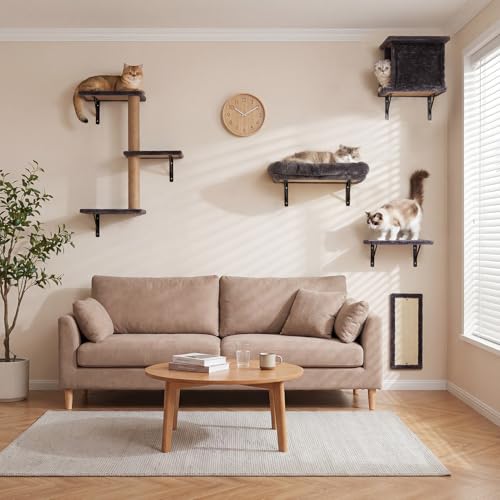 5-in-1 Cat Wall Shelves for Large Cats, Floating Climber with Scratcher - color: Black