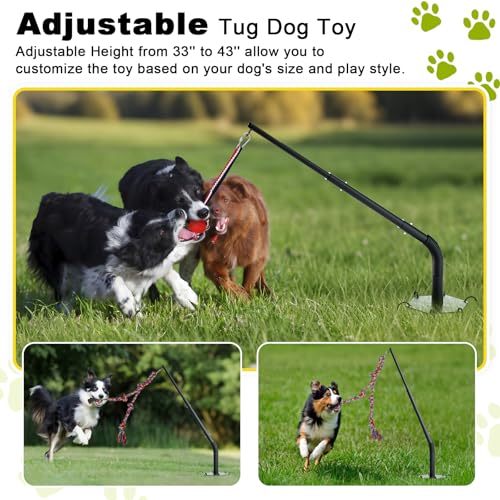 Outdoor Tug of War Dog Toy, Tether Interactive Dog Tug Toy Backyard Heavy-Duty Dog Solo Play Exercise Toy for Large Medium Dogs, Height Adjustable, 2 Rope Toys