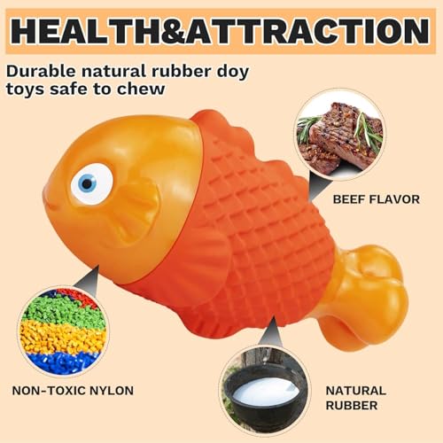 WinTour Indestructible Dog Toys for Aggressive Chewers, Tough Chew Toys for Medium & Large Breeds, Squeaky and Durable Chewers for Large Dogs - color: Orange Nylonfish