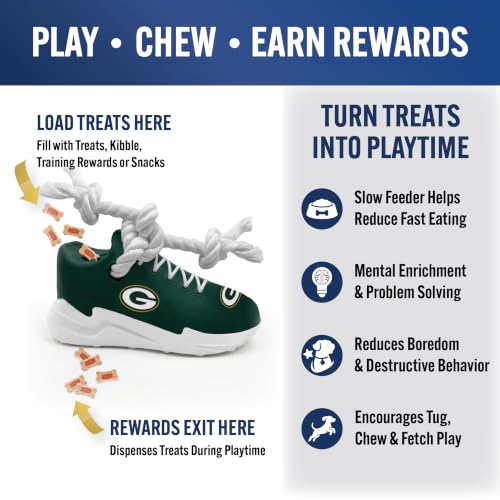 Pets First NFL Green Bay Packers Cleat Sneaker Spike Dog Toy, Football Treat Dispenser Chew Toy for Dogs, Interactive Rope Tug Toy, Slow Feeder Natural Rubber Dog Toy with Official Team Logo - color: Green Bay Packers