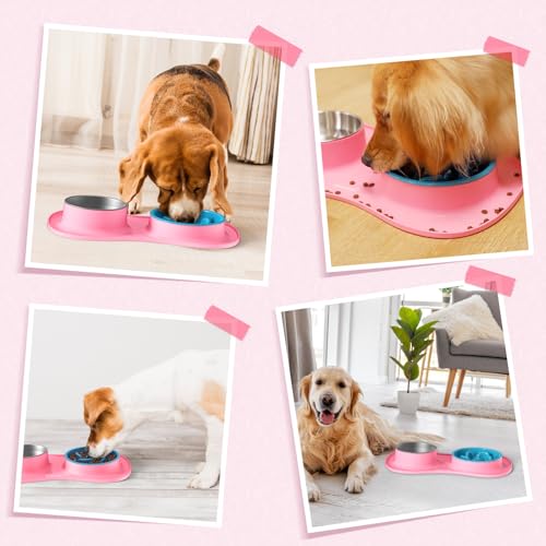 MateeyLife Dog Food and Water Bowl Set 3 in 1, Slow Feeder Dog Bowls & Stainless Steel Water Bowl with Non-Spill Silicone Mat, Cat and Puppy Bowls Pet Dishes for Small Medium Large Breed Anti-Choking - color: Pink, size: Small