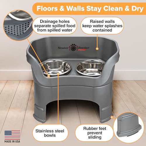 Neater Feeder Deluxe Mess-Proof Elevated Dog Bowls for Large Dogs (40+ lbs), 2 Height Adjustable (14.5” & 17.5”) No-Spill Raised Dog Bowl Stand, Stainless Steel Food Bowl Set, Made in USA, Gunmetal - color: Gunmetal, size: Large + Standard Bowl