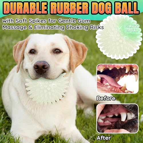 LECHONG 6-Pack Glow in The Dark Squeaky Dog Balls, 3.5” Spiky Dog Toy Balls, Durable Glowing Rubber Fetching Ball for Medium & Large Dogs Nighttime Playing Indoors & Outdoors - size: Medium-6 Packs