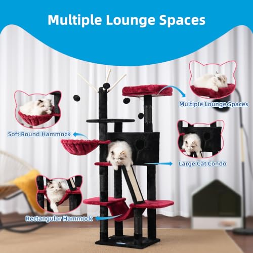 Hey-brother Cat Tree Tower with Padded Platform Bed, Hammock, MPJ019-SBR - color: Black and Red