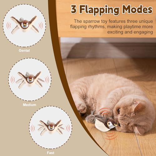 Chirping Bird Cat Toy - Interactive Flapping Bird Cat Toy for Indoor Cats, Simulated Rechargeable Flappy Sparrow with Catnip Pouch
