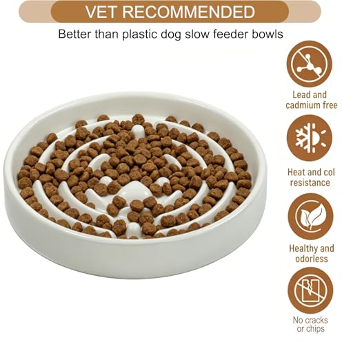Ceramic Slow Feeder Dog Bowls，6.4inch Cat Slow Feeding Bowl for Small Breed Dogs and Cats,Set of 2 Fun Maze Interactive Bloat Stop Puzzle Bowls Dishwasher Safe - color: White