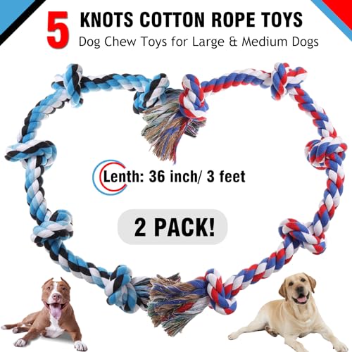 XIGOU Dog Rope Toys for Large Dogs Aggressive Chewers, Dog Chew Toys for Large Breed Indestructible, Heavy Duty Tough 3 Feet 5 Knots Dog Toy, Sturdy Rope toy for Dogs Tug of War Dog Toy Teeth Cleaning - color: Blue & Red