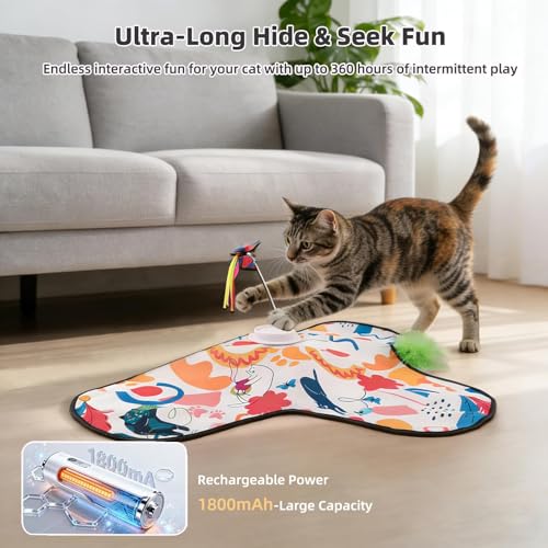 Interactive Cat Toys for Indoor Cats,3-in-1 Hide and Seek Cat Toy with Moving Concealed Wand Feather&Fluttering Butterfly,3 Prey Sounds，Auto Chargeable Play Mat for Bored Adult Cats&Kittens(White) - color: White