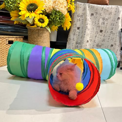 3-Way Collapsible Cat Tunnel Tube Toy Rainbow T-Shape - color: Rainbow T