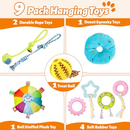 Puppy Play Gym with 9 Hanging Toys for Small Dogs, PVC Frame with Bungee Straps, Interactive Indoor Jungle Playground for Entertainment, Teething and Mental Stimulation - color: Orange, size: 9 Toys