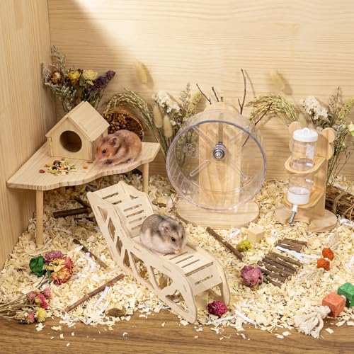 Novabright 5 Pcs Hamster Wooden Cage Accessories Hideout Wheels Platform - style: Basic Play Set
