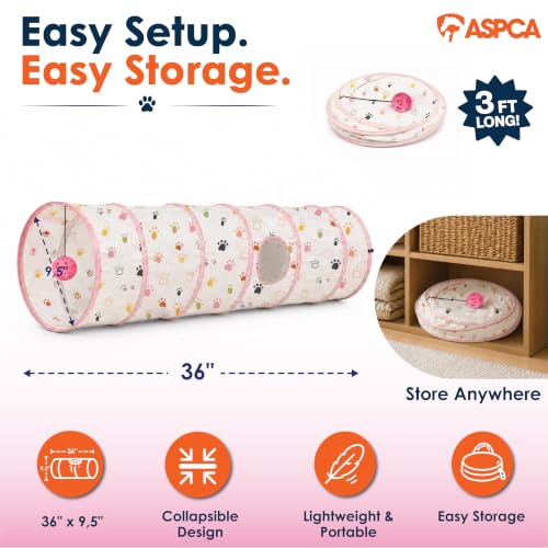 ASPCA Cat Tunnel with Rattle Toy – Interactive Collapsible Cat Tunnel for Indoor Cats, Crinkle Play Tunnel with Hanging Rattle Toy, Encourages Hiding, Chasing, Pouncing & Active Play, Paw Printed - color: Paw Printed