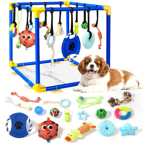 Puppy Play Gym with 16 Toys, Removable Dog Enrichment Playground, Interactive Indoor Training Activity Center for Small Dogs & Puppies, Teething & with Squeaky Toys, 12 Hanging Toys+4 Floor Toys