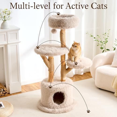 HITTITE Natural Wood Cat Tree Tower with Scratching Post, 53.5 Inches Tall Modern Cat Tower with Cozy Bed and Condo, Luxury Real Branch Cat Tree for Indoor Cats Large Adult, Khaki. - color: 53"-Khaki
