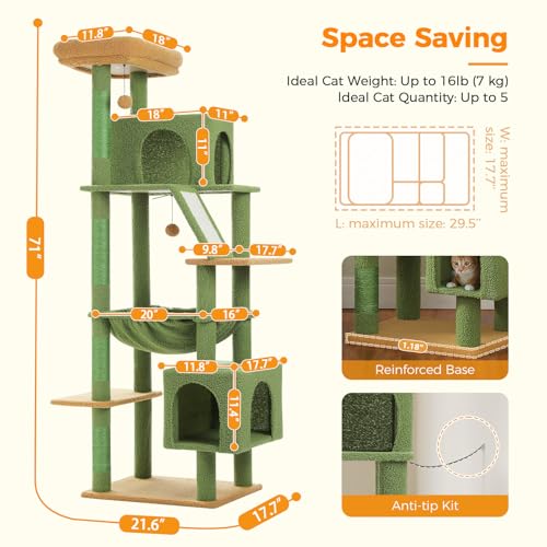 71" Cat Tree for Indoor Cats,Multi-Level Cat Tower with Large Hammock - color: Green, size: 71 Inches