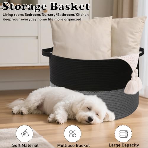 115L Large Blanket Basket,Woven Rope Laundry Basket-Black&Dark Grey - color: Black&Dark Grey, size: 23.6"L x 23.6"W x 15.7"H(115L)