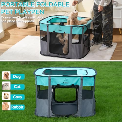 XRG Foldable Pet Playpen，Indoor Cat cage Puppy Crates M(31.5"x23.6"x21.7") - color: Green, style: Medium（31.5"L x 23.6"W x 21.7"H）