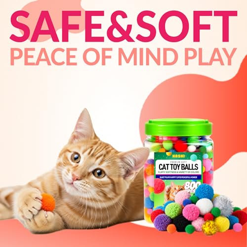HA SHI 800pc Cat Pom Pom Balls in Jar - 0.4-1.2in Soft Quiet Cat Toys - color: 800pcs