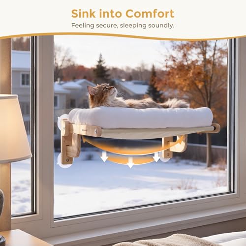 Pecute Foldable Cat Window Perch, Cloud-Soft Cat Bed with Wood Frame, 26" L - color: White