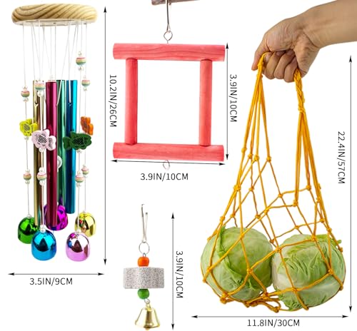 FlidRunest 4PCS Chicken Coop Toys Set, Hanging Chicken Wind Chime, Vegetable String Bag, Coop Mirror Toy and Beak Grinding Calcium Stone, Musical Enrichment Accessories for Hens Poultry Chick