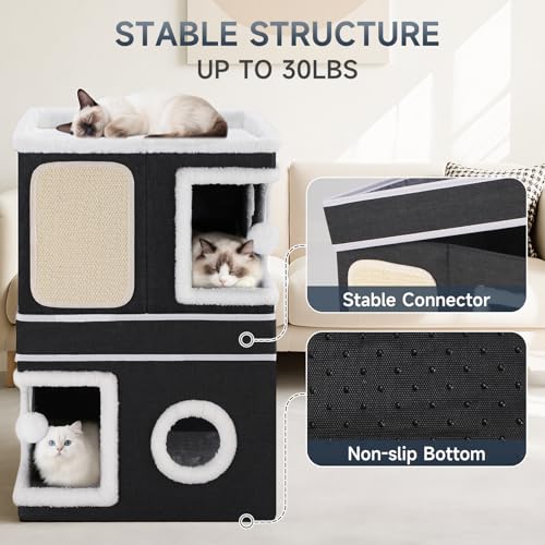 Shikha 2 Story Cat House beds for Indoor Cats with Scratch Pads Black - color: Black, size: Double