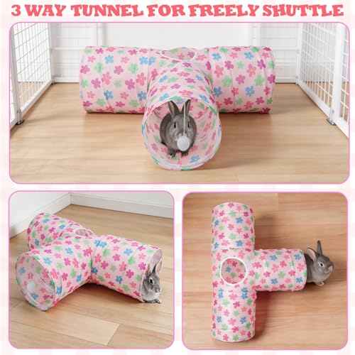BWOGUE Bunny Tunnels & Tubes, 3-Way Collapsible Rabbit Hideout for Bunnies - color: Pinkflower