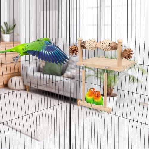 Litewoo Wooden Bird Swing Perch Platform with Chew Toys for Parrot, B - color: Two Sola Balls