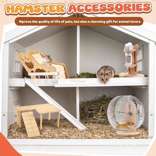 6 Pcs Hamster Toys Set, Maze Wood House, Climbing Ladder Wooden Bridge Tunnel Toy Platform Silent Exercise Running Wheels and Water Bottle Set for Rat Guinea Pig Habitat Cage(Basic) - style: Minimalist