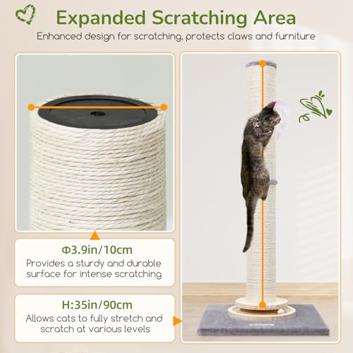 Globlazer Extra Thick Large Scratching Post for Indoor Cats Adults and Kittens, 35in Tall Natural Sisal Rope Scratcher Post, Large Cat Scratcher with Ball Interactive Toy, SC35, Light Grey - color: Light Grey
