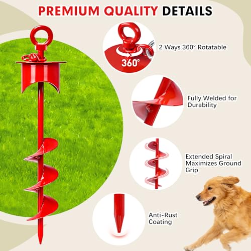 Snagle Paw Dog Tie Out Cable and Stake with Lock-Cap,Heavy Duty 30FT Dog Yard Leash & Stake with Shock Absorbing Bungee Tether,Rust Proof Ground Anchor for Yard, Beach, Camping & Outdoor,up to 360 Lbs - color: Red, 17in Stake (30ft Cable)