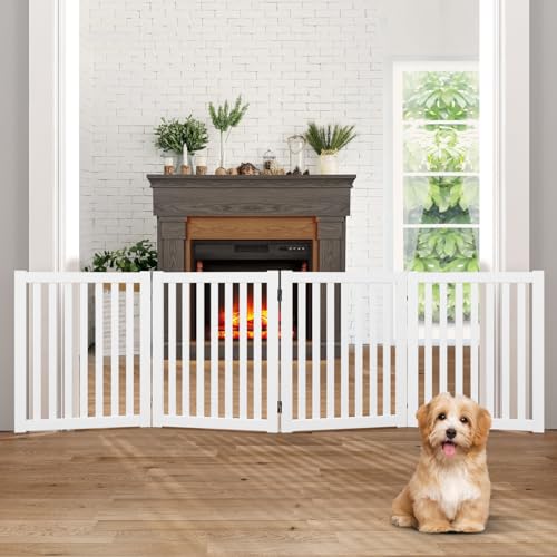 WELLAND Wooden Freestanding Dog Gate, Expandable Dog Gate, Indoor Pet Fence - color: White, size: 4 Panel 80" Wide
