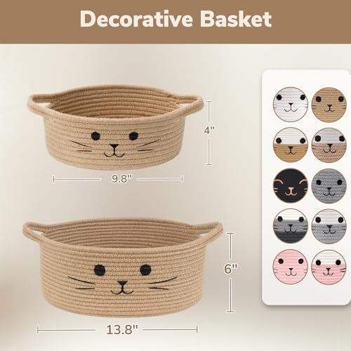 Medium Woven Rope Cat Toy Basket with Cat Face, Jute - color: Jute, size: 13.8"W x 6"H