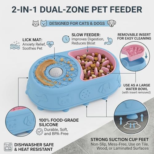 Slow Feeder Dog Bowl with Lick Mat, 2 in 1 Silicone Feeding Bowl - color: blue + pink