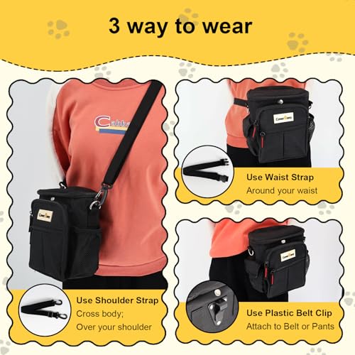 Dog Treat Pouch Open Top for Quick & Spill-Proof Access, Removable Pouch|Poop Bag Dispenser|3 Ways to Wear, Dog Treat Bag - Collapsible Bowl, Training Clicker & Poop Bag for Training & Walking-Black. - color: Black