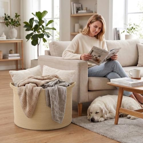 90L Extra Large Blanket Basket,Woven Rope Laundry Basket-Camel - color: Camel, size: 21.7"L x 21.7"W x 13.8"H（90L)