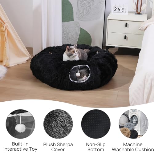 Plush Cat Tunnel Bed for Indoor Cats with Soft Cushion, Multi-Shape Play Cave with Hanging Balls, Large and Foldable Cat Donut Tunnel for Small and Large Pets (Black) - color: Black