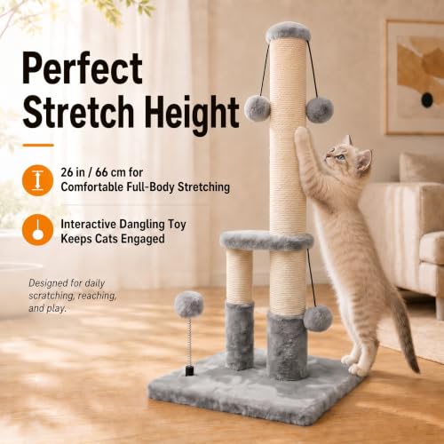 Dimaka Tall Cat Scratching Post, Double Lower Posts Extra Stable Cat Post Tree Scratcher with Sisal Rope and Teasing 4 Balls Total Large Base (Grey) - color: Grey
